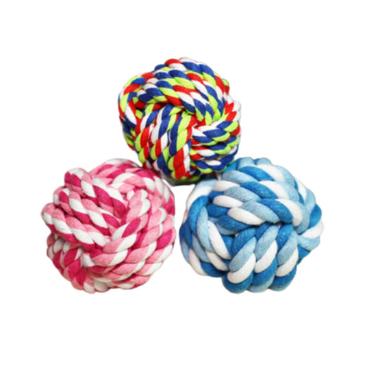three cotton dog toy balls to play and clean their teeth with health and act benefits..
