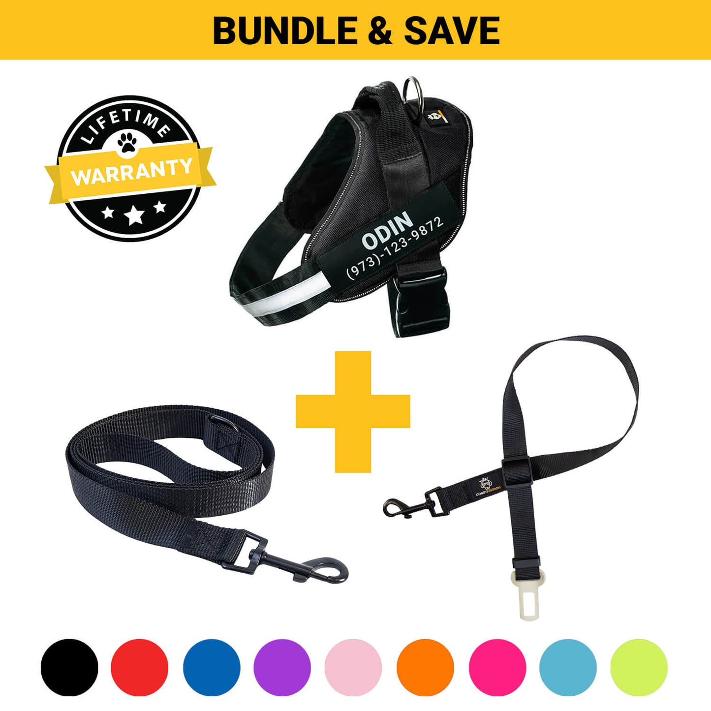 Personalized  Harness + Leash + Safety Seat Belt BUNDLE
