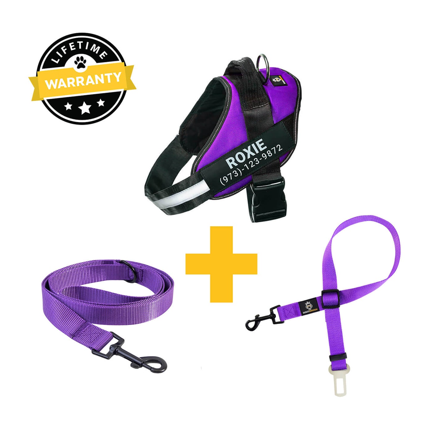 Personalized  Harness + Leash + Safety Seat Belt BUNDLE
