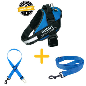 Lifetime Warranty Personalized Doggykingdom® Harness + Leash + Safety Seat Belt BUNDLE