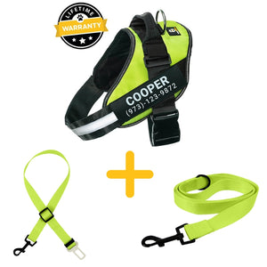 Lifetime Warranty Personalized Doggykingdom® Harness + Leash + Safety Seat Belt BUNDLE