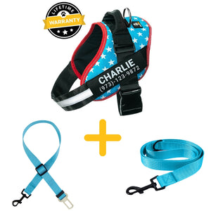 Lifetime Warranty Personalized Doggykingdom® Harness + Leash + Safety Seat Belt BUNDLE