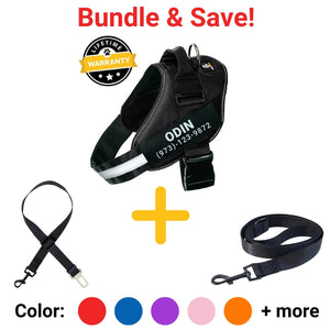 Lifetime Warranty Personalized Doggykingdom® Harness + Leash + Safety Seat Belt BUNDLE
