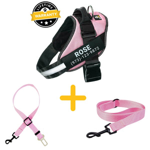 Lifetime Warranty Personalized Doggykingdom® Harness + Leash + Safety Seat Belt BUNDLE