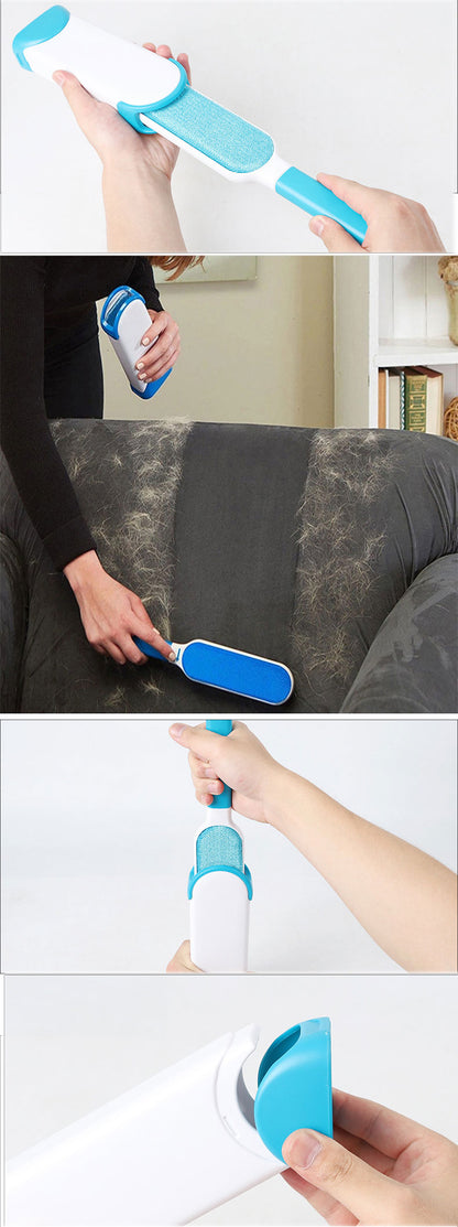 Women using fur brush hair remover to remover pet fur from the sofa.
