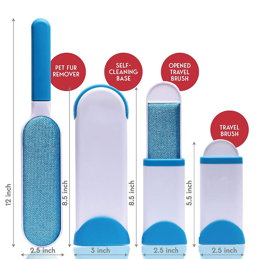 Sizechart and demonstration of fur brush hair remover in blue. 2 pcs inside of the package