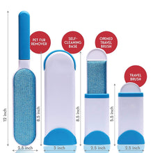 Preview Image: Sizechart and demonstration of fur brush hair remover in blue. 2 pcs inside of the package