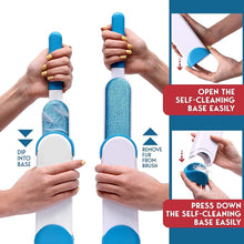 Preview Image: Women opens and closes pet fur hair remover to show how it cleans itself. Self-Cleaning hair remover.